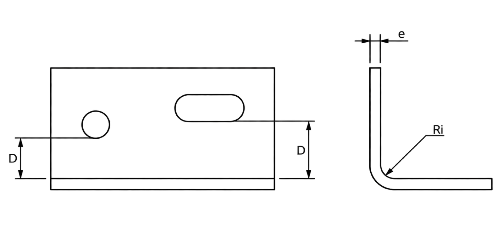 schema-positionnement-percages-decoupes-proches-pli Schéma technique montrant le positionnement d’un trou et d’une lumière par rapport à un pli, avec repère de distance D, épaisseur e et rayon intérieur Ri.